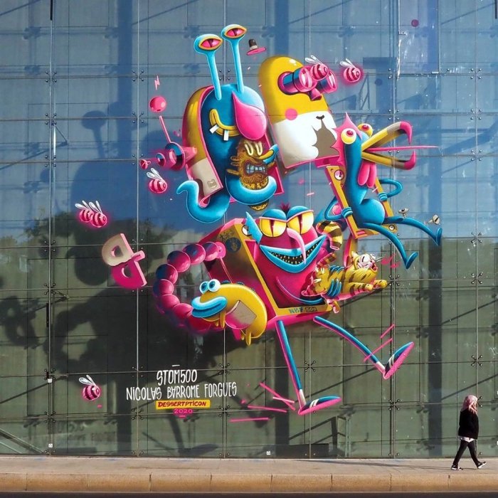 Fresque par Stom 500 & Nicolas Barrome - M&eacute;diath&egrave;que de Puteaux - Graffic Art Festival 2019